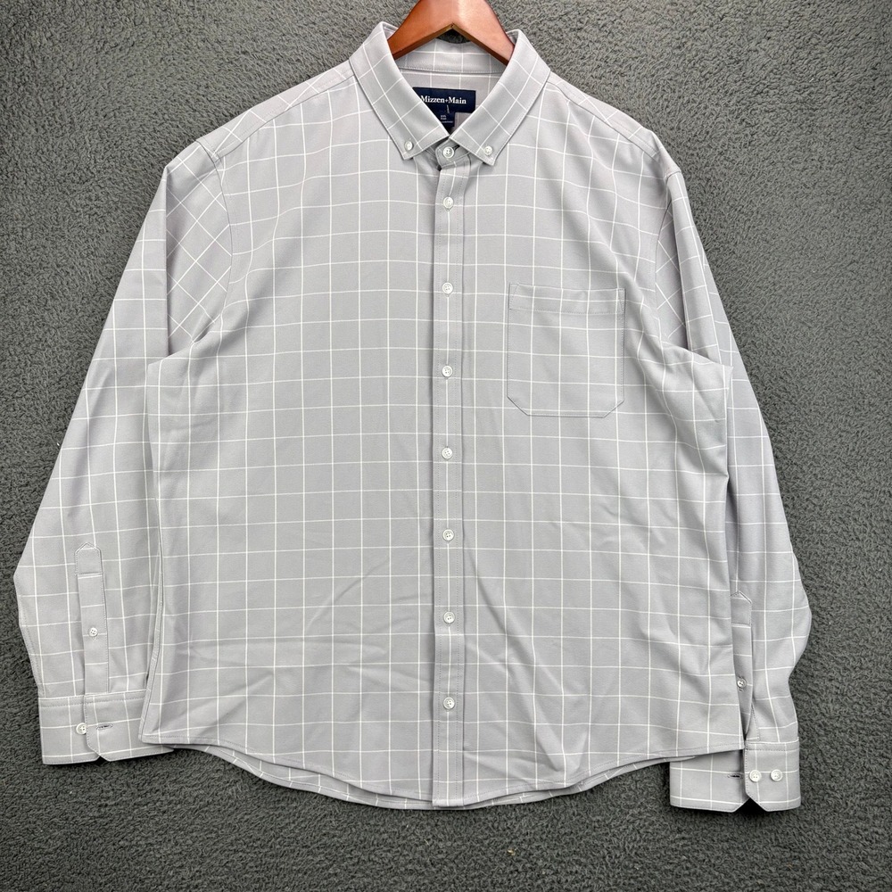 Mizzen+Main Mens XXL Trim Fit Grey White Grid Spinnaker Button Down Shirt